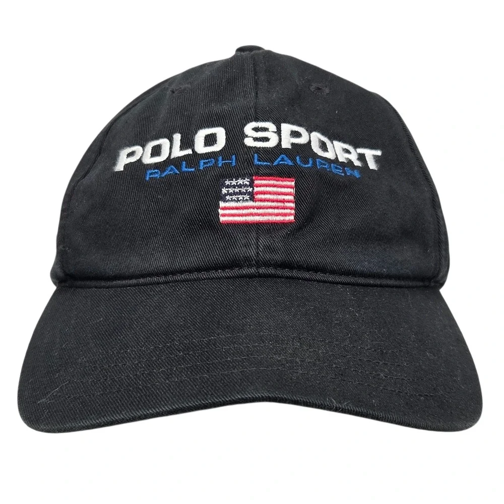 Vintage 90's Polo Sport Ralph Lauren Hat Mens Black Embroidered Flag Strapback